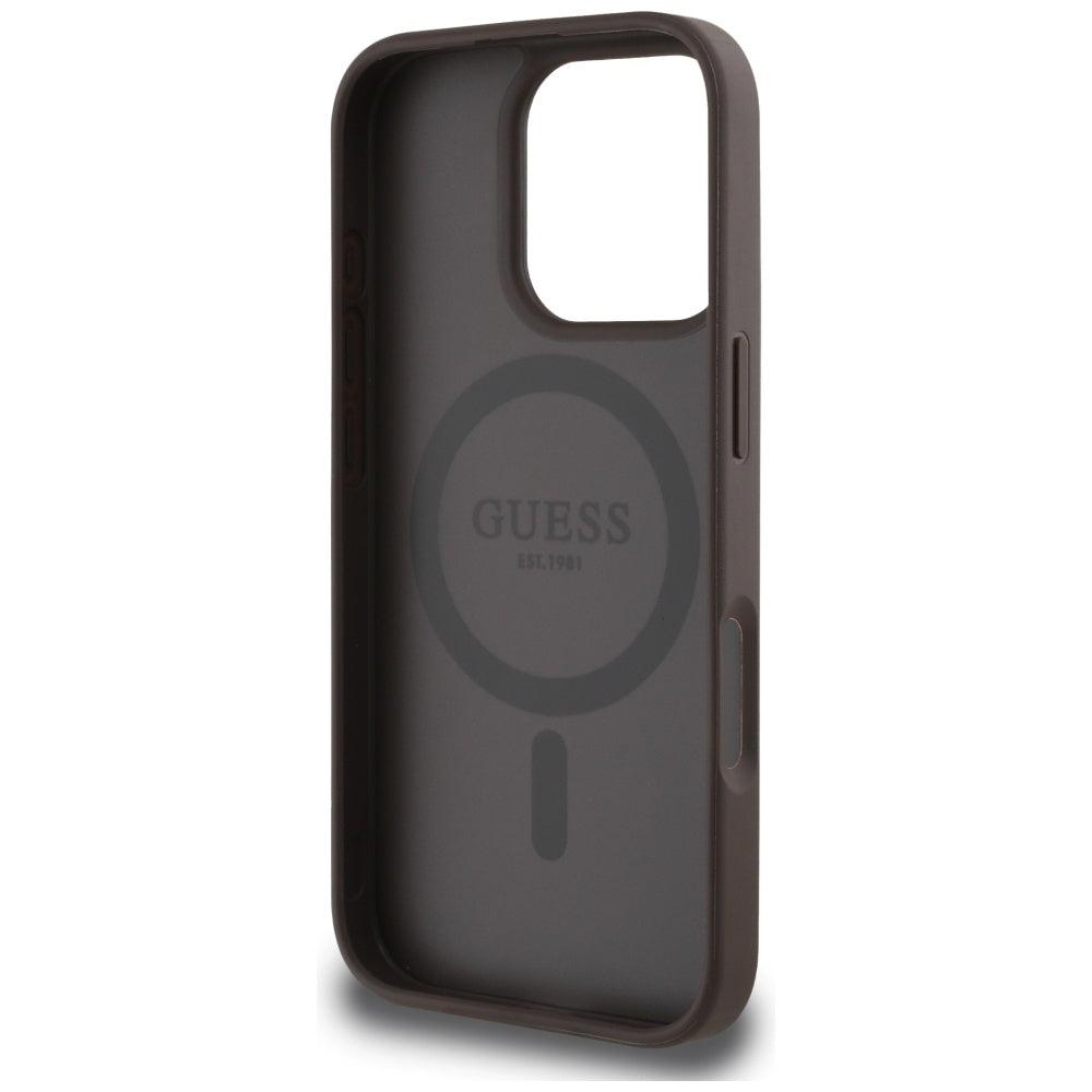 MagSafe-deksel for Apple iPhone 16 Pro, Guess, Peony Grained Hot Stamp Triangle, Brun