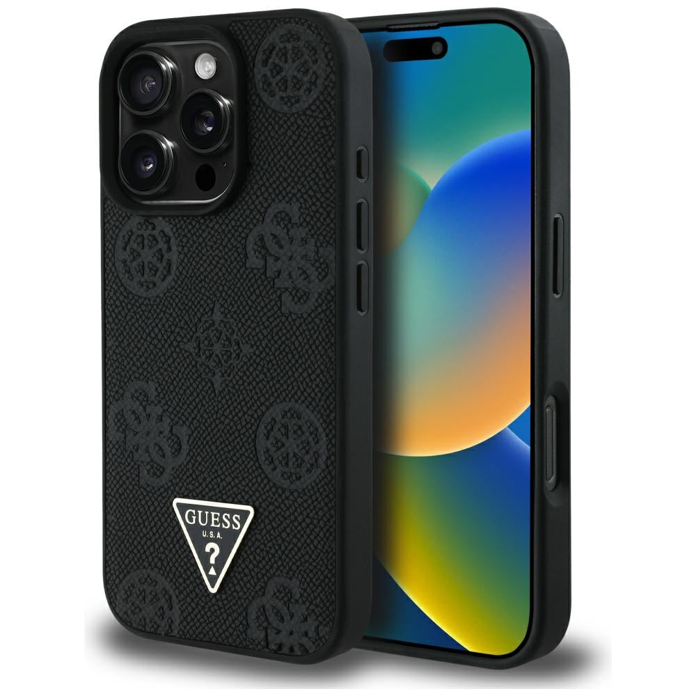 MagSafe-deksel for Apple iPhone 16 Pro, Guess, Peony Grained Hot Stamp Triangle, Svart