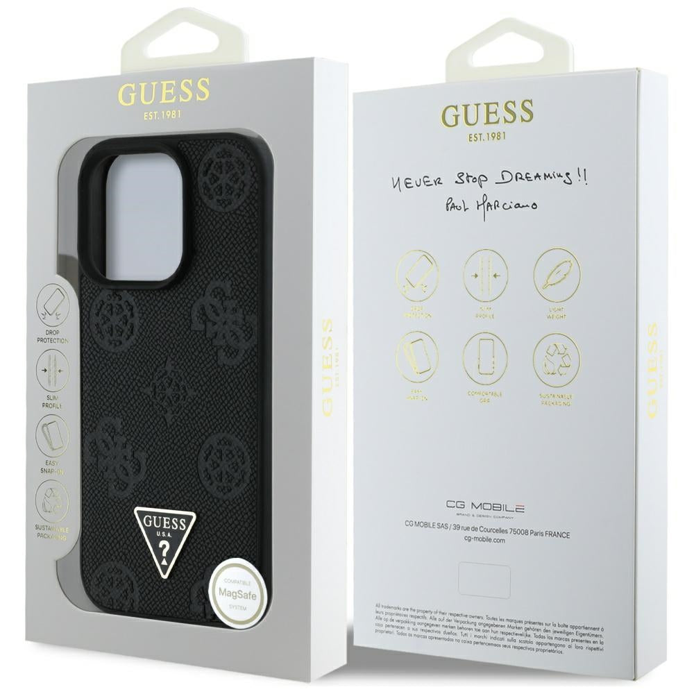 MagSafe-deksel for Apple iPhone 16 Pro, Guess, Peony Grained Hot Stamp Triangle, Svart
