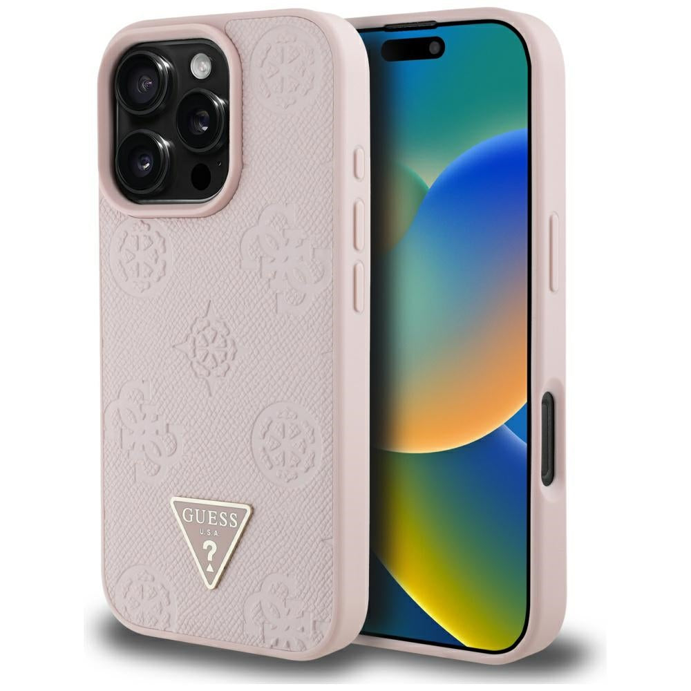MagSafe-deksel for Apple iPhone 16 Pro, Guess, Peony Grained Hot Stamp Triangle, Rosa