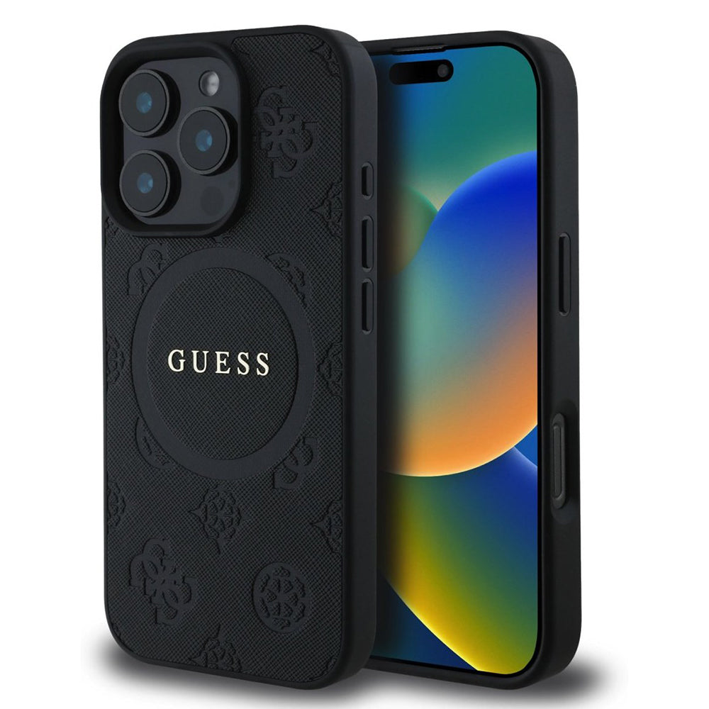 MagSafe-deksel for Apple iPhone 16 Pro, Guess, Saffiano Peony Classic Logo, Svart
