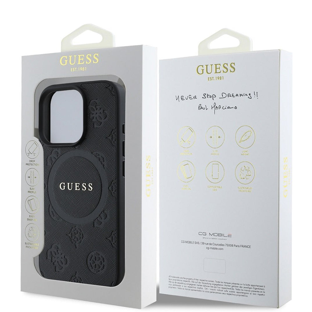 MagSafe-deksel for Apple iPhone 16 Pro, Guess, Saffiano Peony Classic Logo, Svart