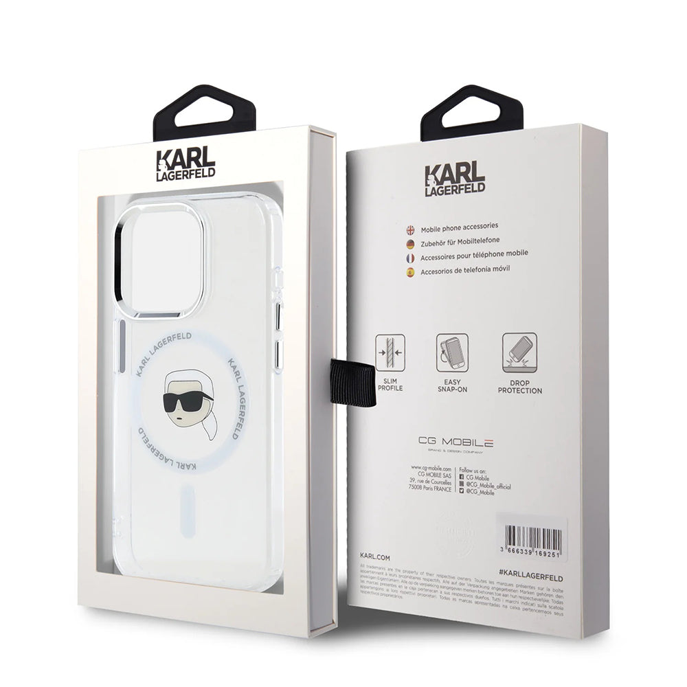 MagSafe-deksel for Apple iPhone 16 Pro, Karl Lagerfeld, IML Metal Karl's Head, Hvit