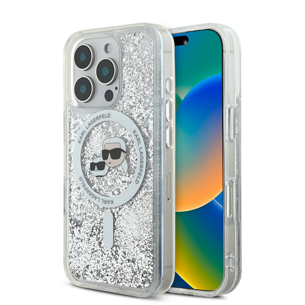 MagSafe-deksel for Apple iPhone 16 Pro, Karl Lagerfeld, Liquid Glitter Karl & Choupette's Heads, Gjennomsiktig