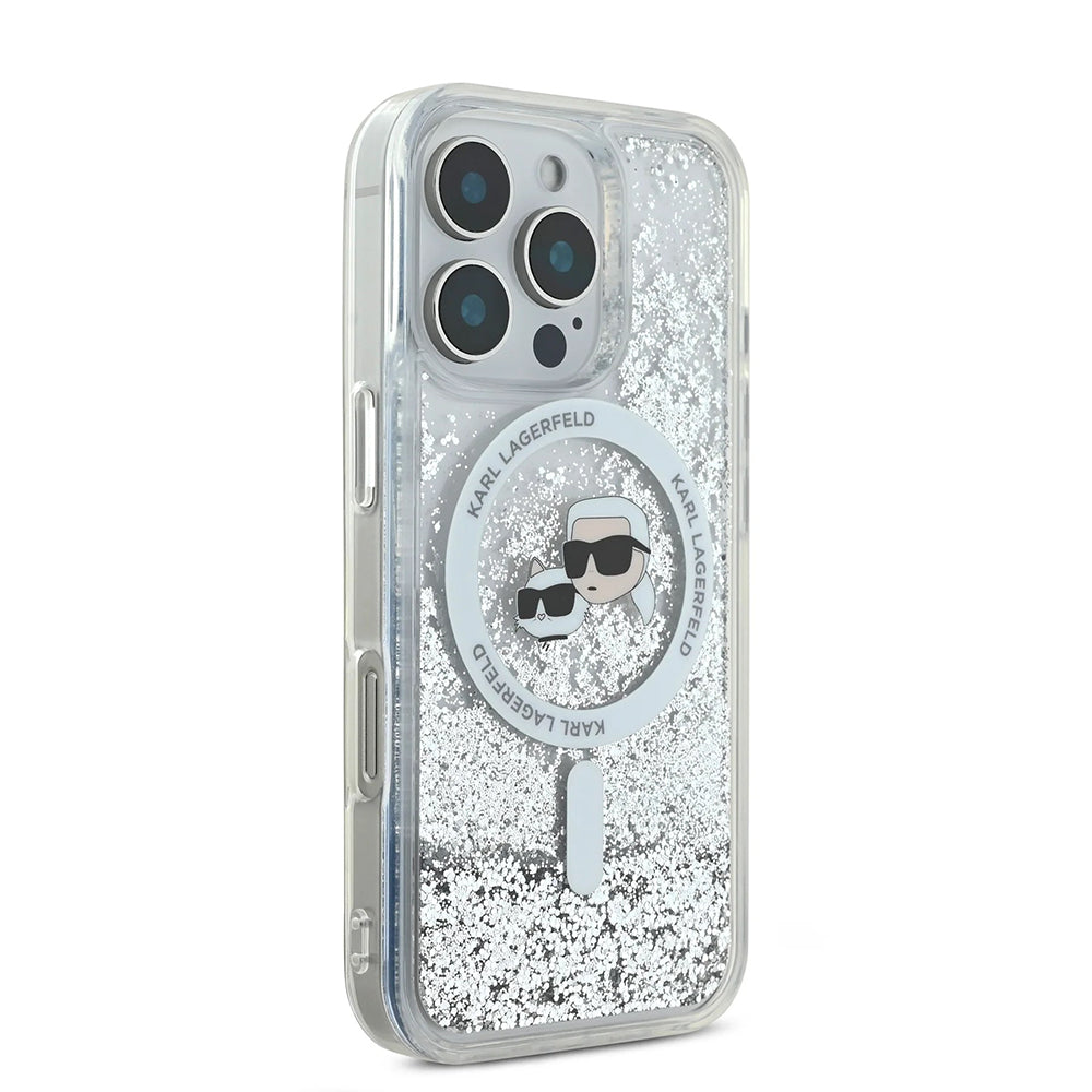 MagSafe-deksel for Apple iPhone 16 Pro, Karl Lagerfeld, Liquid Glitter Karl & Choupette's Heads, Gjennomsiktig