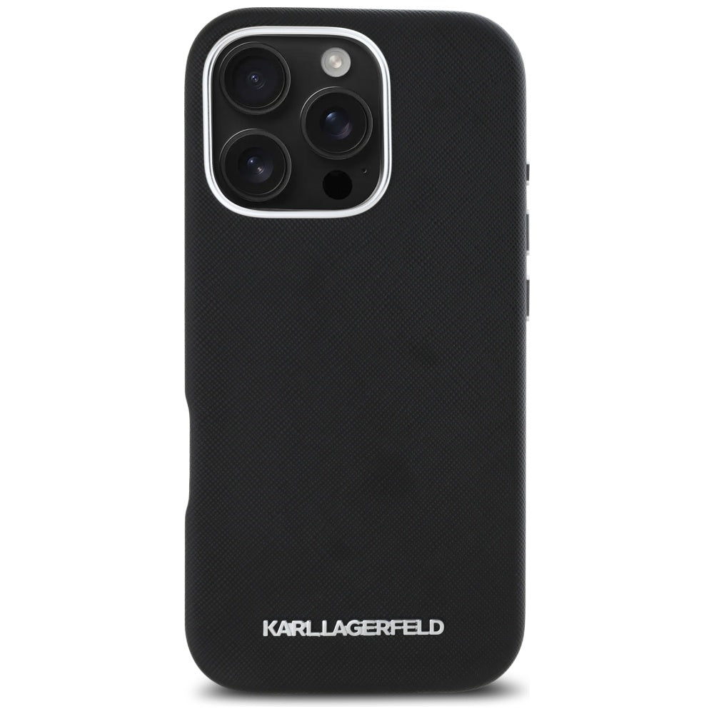 MagSafe-deksel for Apple iPhone 16 Pro, Karl Lagerfeld, Saffiano Full Wrapped Elongated Metal Logo, Svart