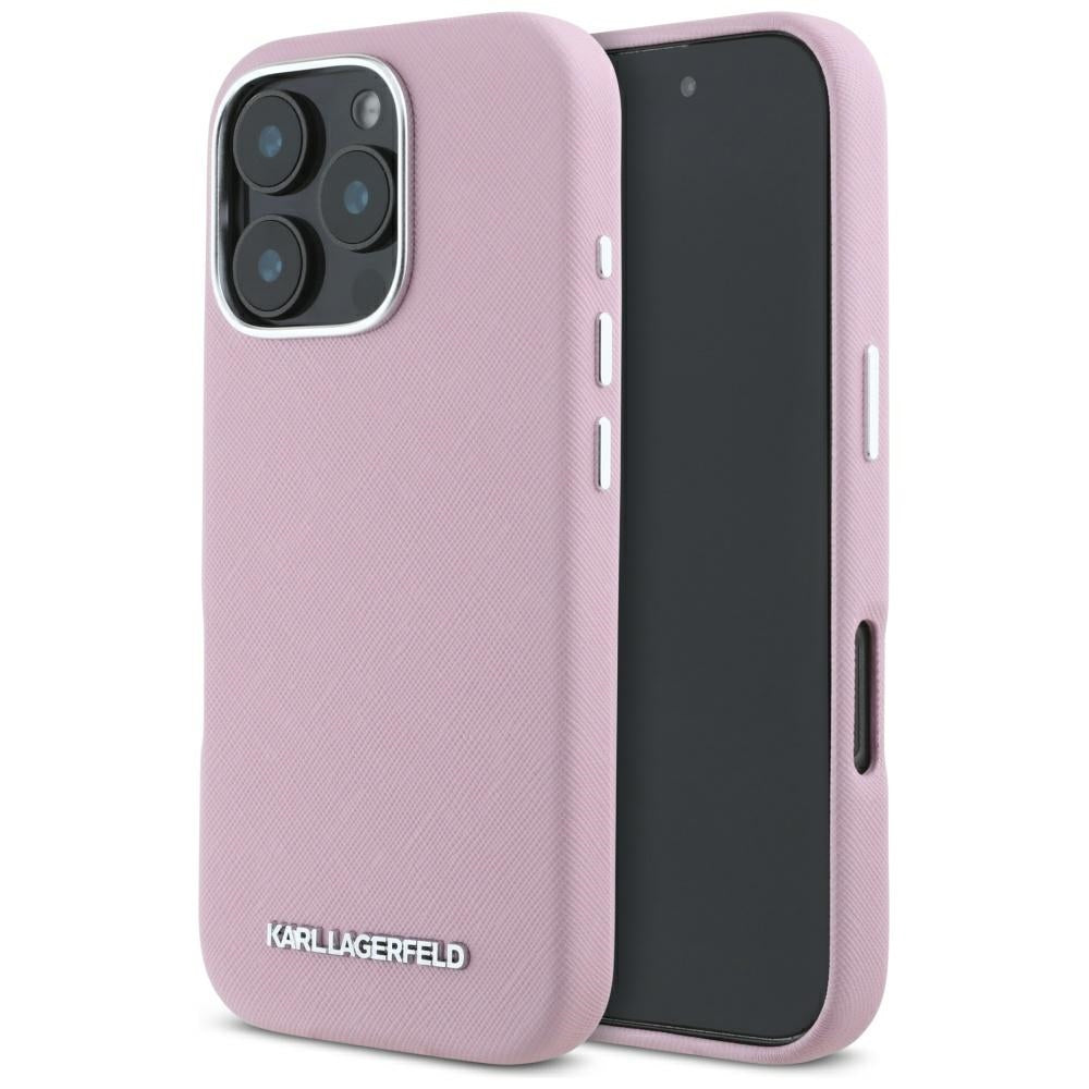 MagSafe-deksel for Apple iPhone 16 Pro, Karl Lagerfeld, Saffiano Full Wrapped Elongated Metal Logo, Rosa