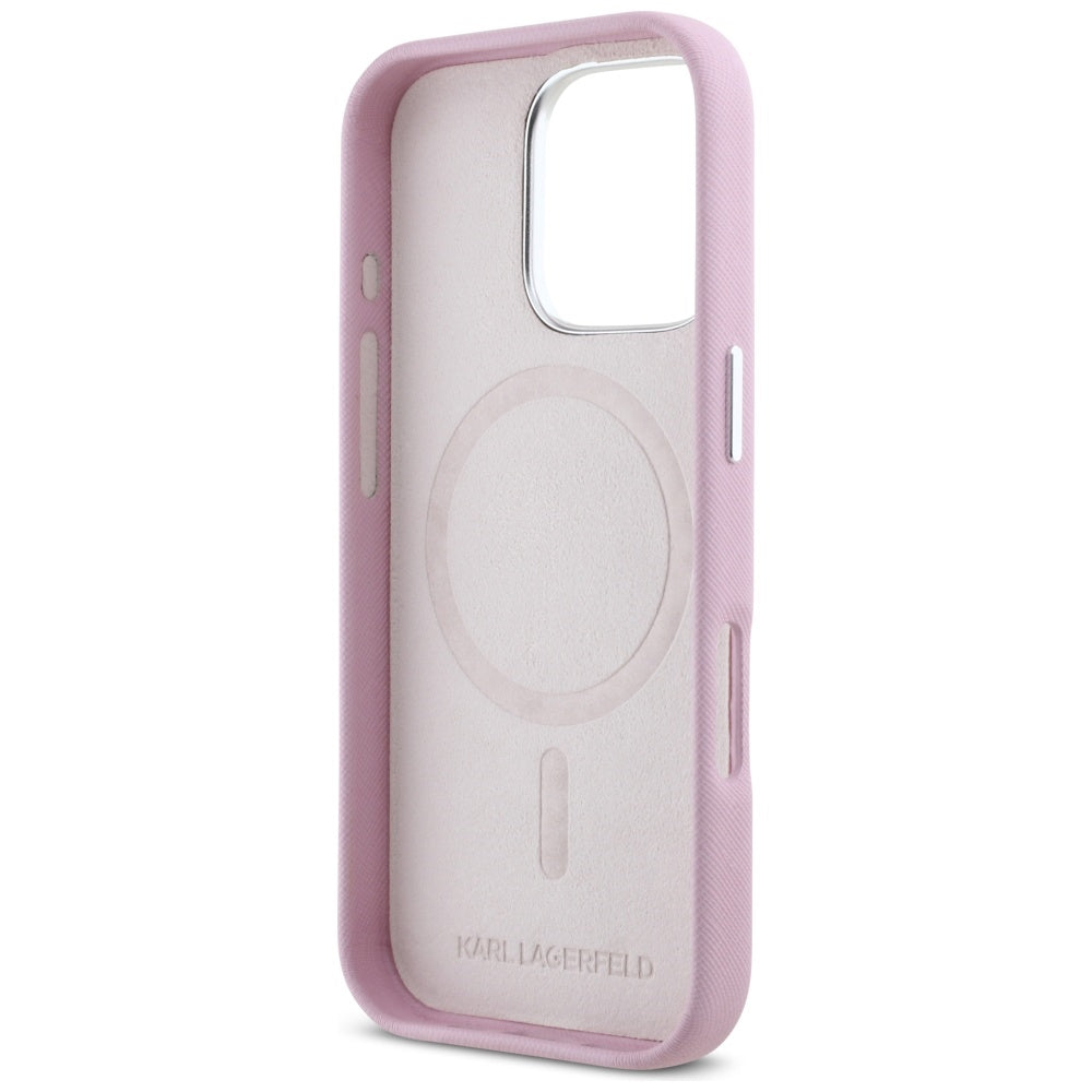 MagSafe-deksel for Apple iPhone 16 Pro, Karl Lagerfeld, Saffiano Full Wrapped Elongated Metal Logo, Rosa