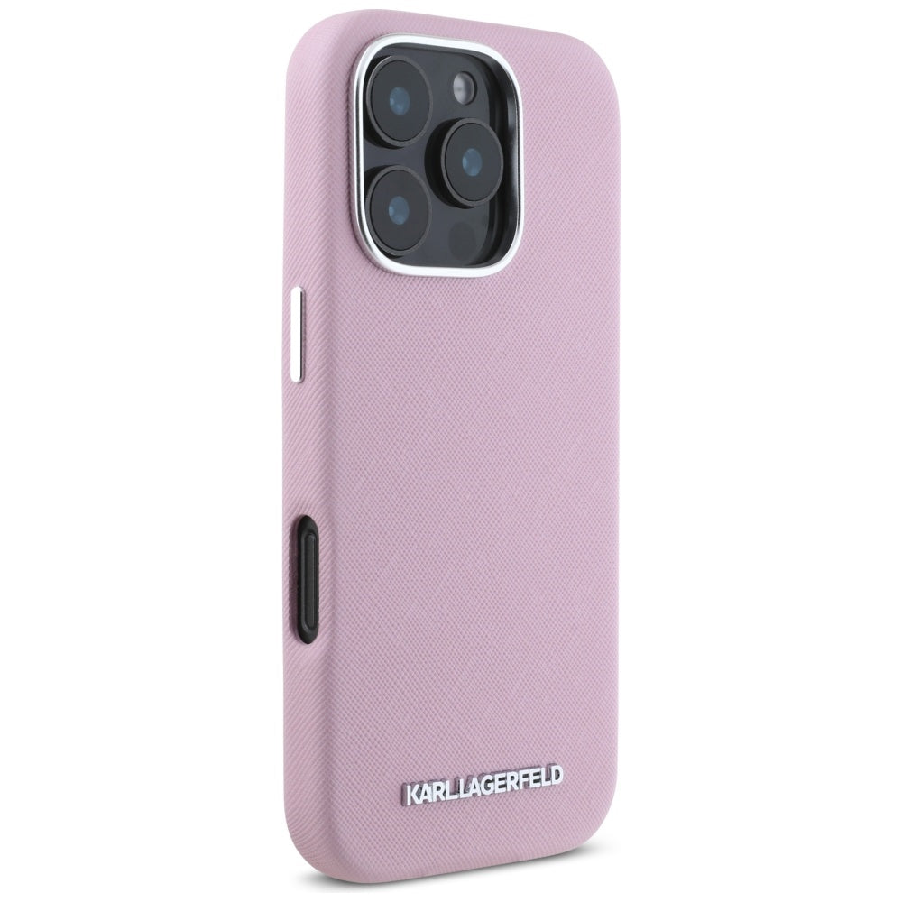 MagSafe-deksel for Apple iPhone 16 Pro, Karl Lagerfeld, Saffiano Full Wrapped Elongated Metal Logo, Rosa