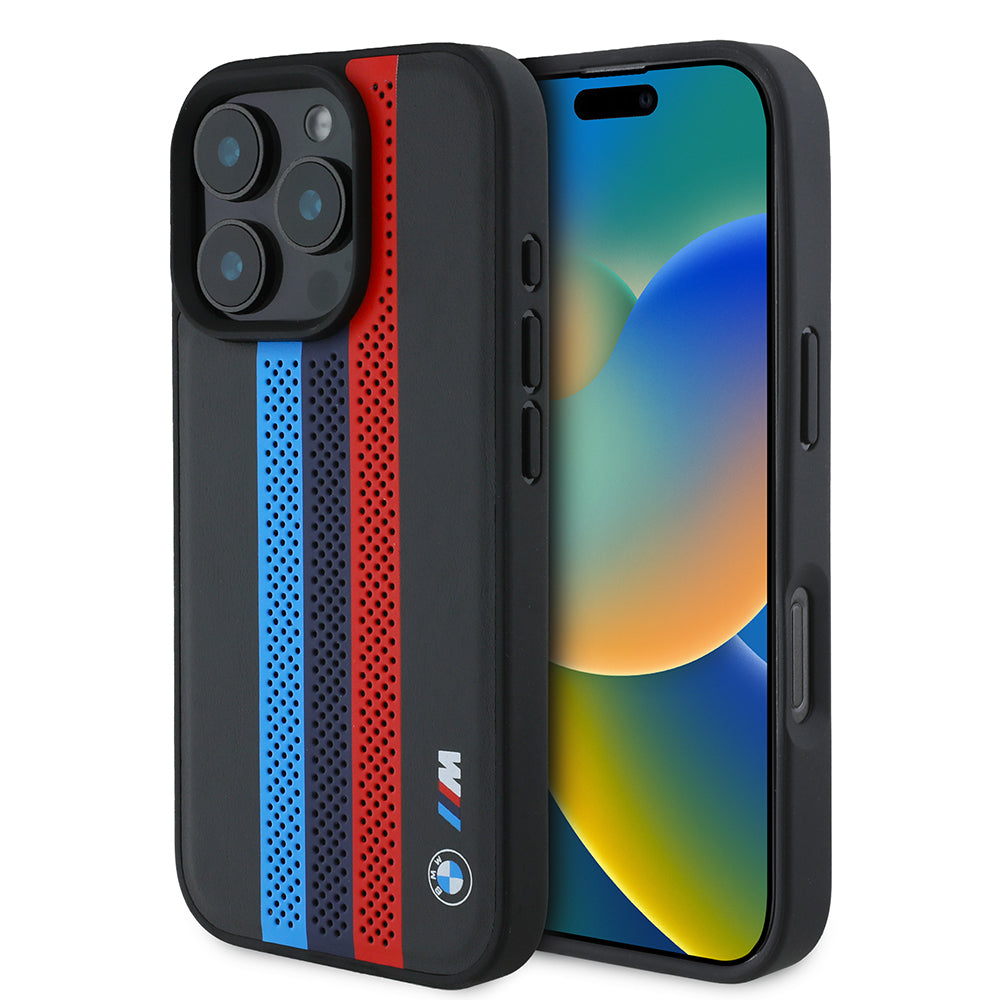 MagSafe-deksel for Apple iPhone 16 Pro Max, BMW, Perforated M Perf. Tricolor Stripers, Svart
