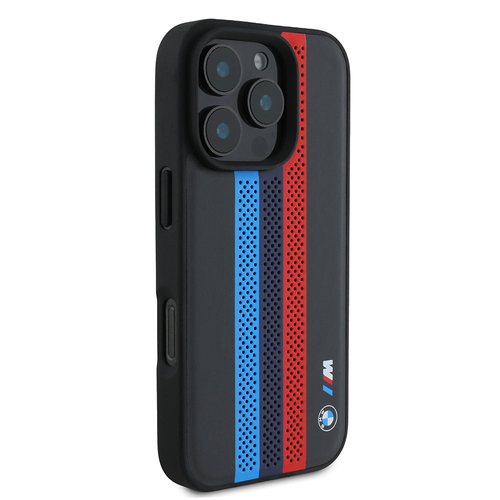 MagSafe-deksel for Apple iPhone 16 Pro Max, BMW, Perforated M Perf. Tricolor Stripers, Svart