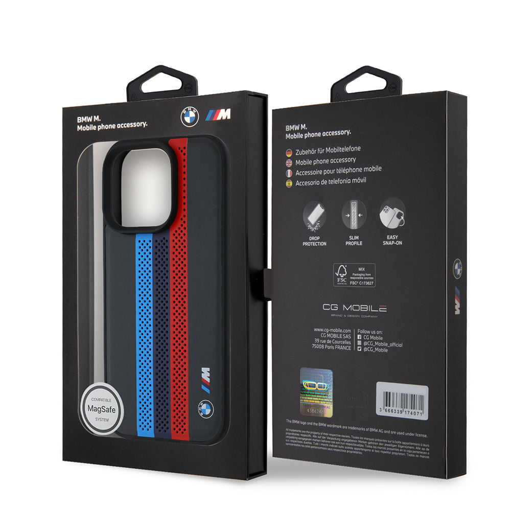 MagSafe-deksel for Apple iPhone 16 Pro Max, BMW, Perforated M Perf. Tricolor Stripers, Svart