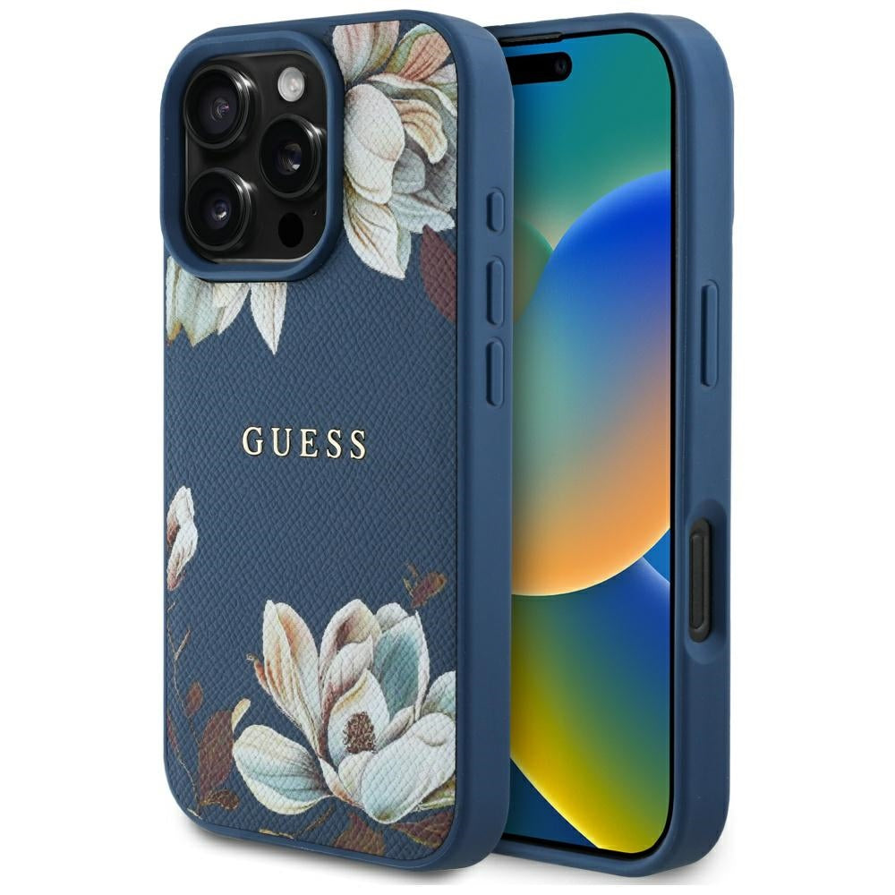 MagSafe-deksel for Apple iPhone 16 Pro Max, Guess, Grained Flowers, Blå