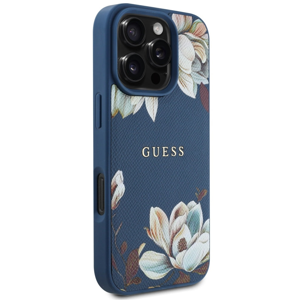 MagSafe-deksel for Apple iPhone 16 Pro Max, Guess, Grained Flowers, Blå