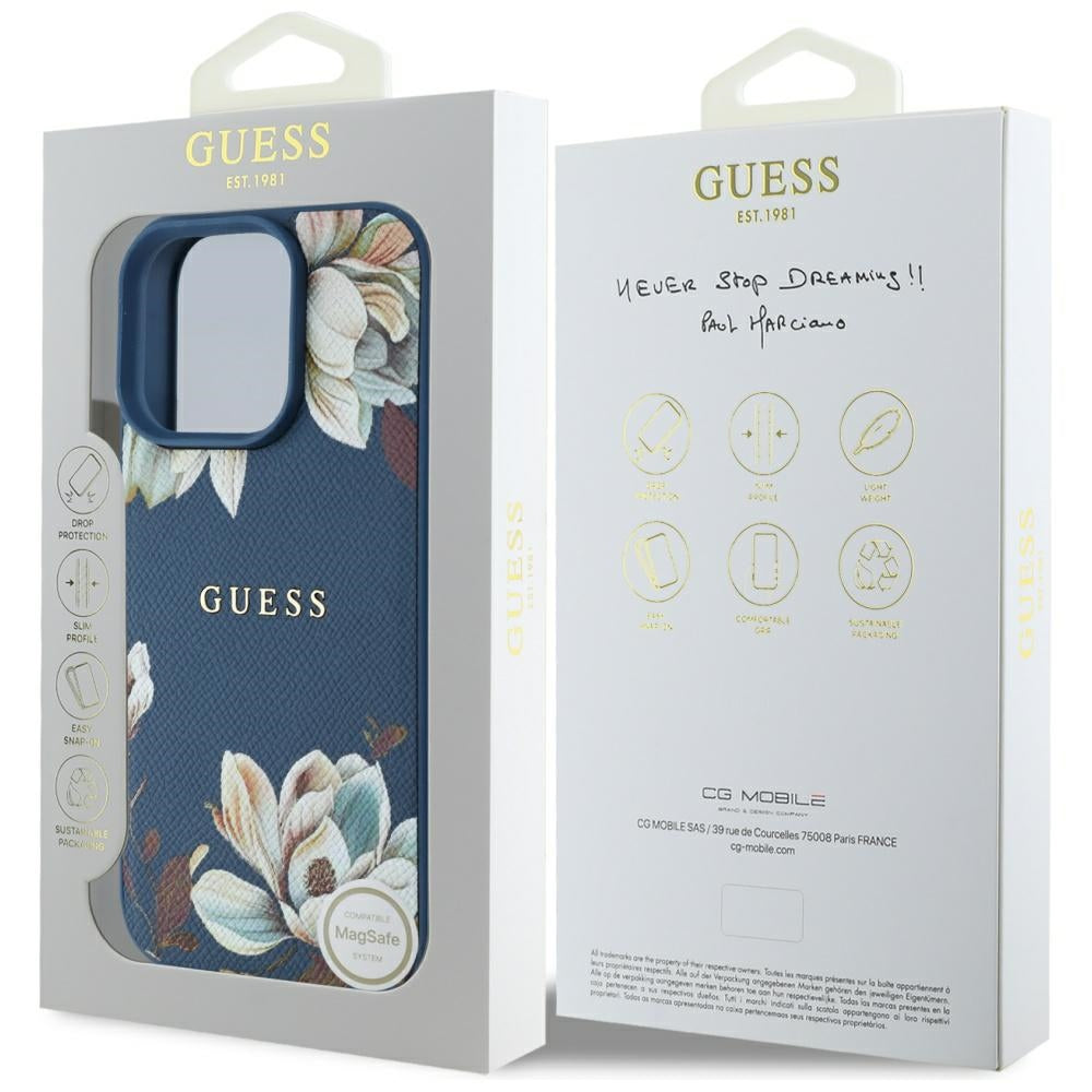 MagSafe-deksel for Apple iPhone 16 Pro Max, Guess, Grained Flowers, Blå