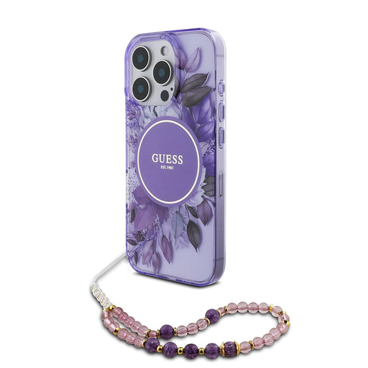 MagSafe-deksel for Apple iPhone 16 Pro Max, Guess, IML Flowers with Pearl Strap, Lilla