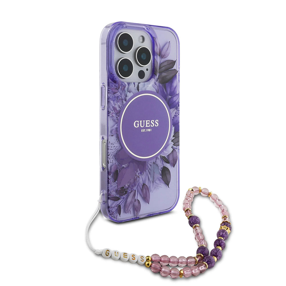 MagSafe-deksel for Apple iPhone 16 Pro Max, Guess, IML Flowers with Pearl Strap, Lilla