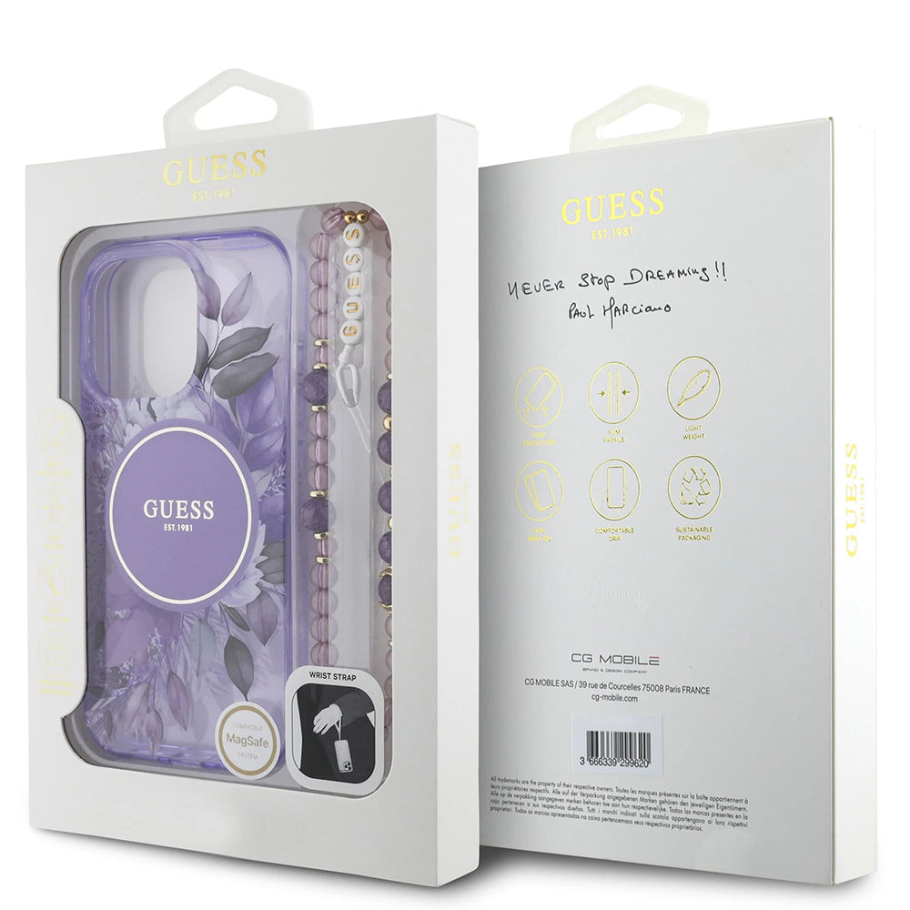 MagSafe-deksel for Apple iPhone 16 Pro Max, Guess, IML Flowers with Pearl Strap, Lilla