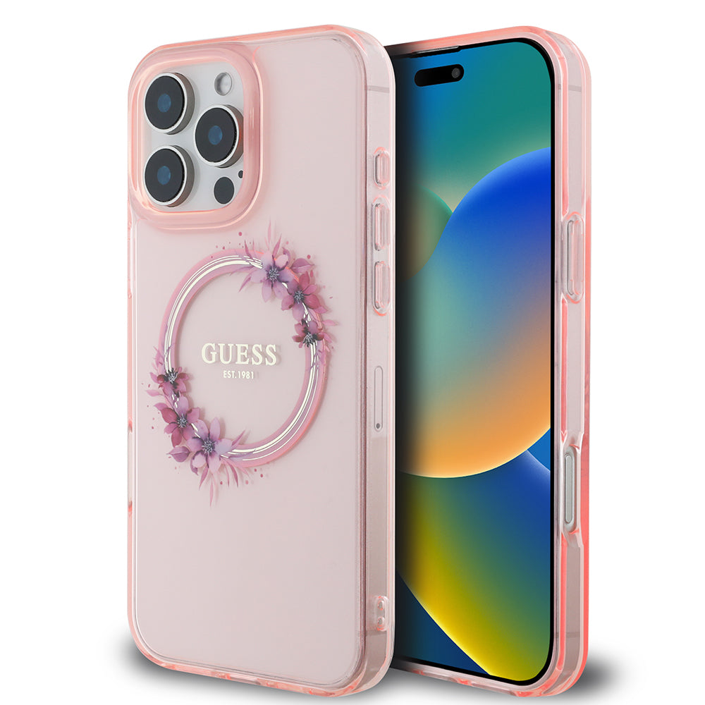 MagSafe-deksel for Apple iPhone 16 Pro Max, Guess, IML Flowers Wreath, Rosa