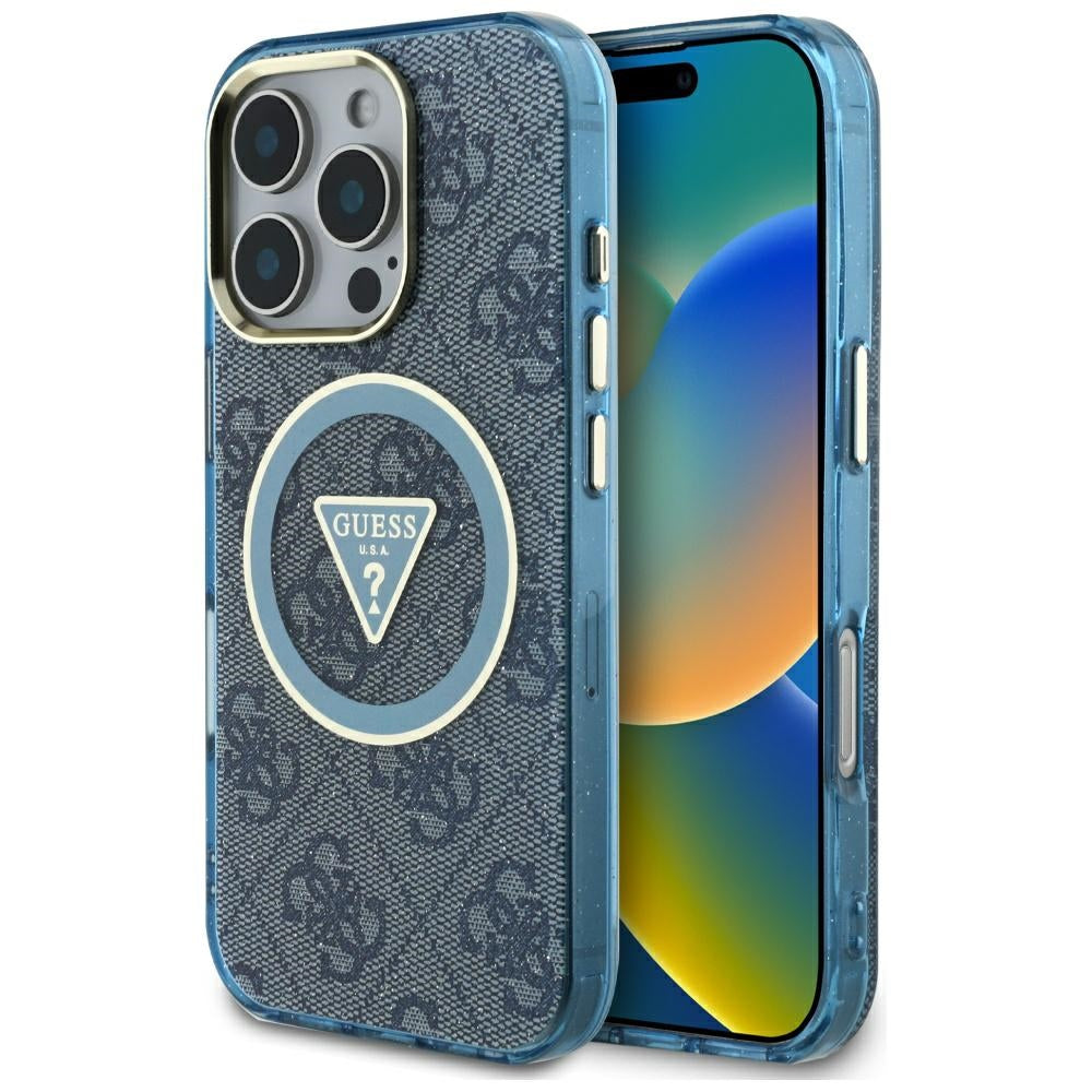 MagSafe-deksel for Apple iPhone 16 Pro Max, Guess, IML Glitter 4G Circle Triangle, Blå