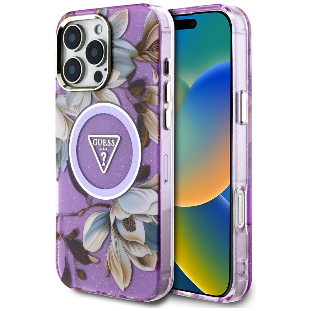 MagSafe-deksel for Apple iPhone 16 Pro Max, Guess, IML Metal Glitter Flowers Triangle, Lilla