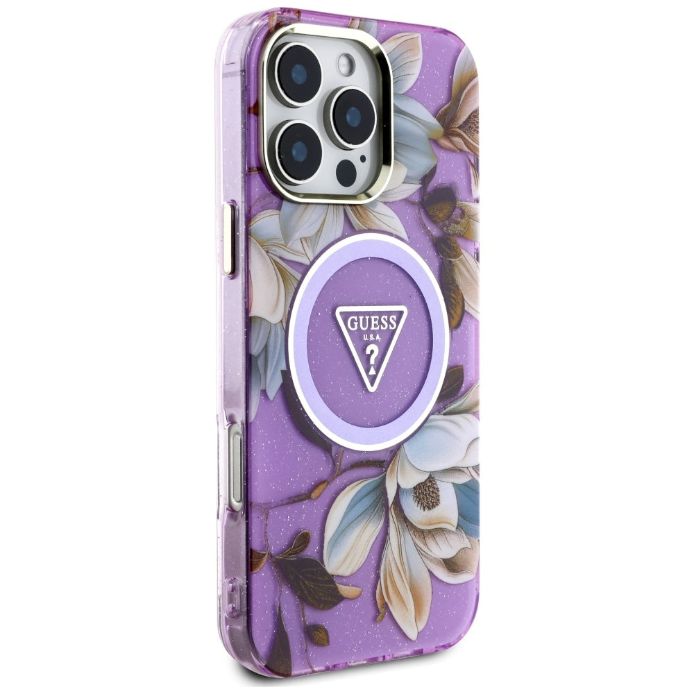 MagSafe-deksel for Apple iPhone 16 Pro Max, Guess, IML Metal Glitter Flowers Triangle, Lilla
