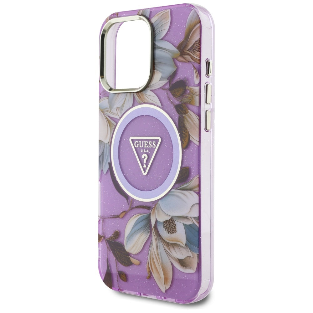 MagSafe-deksel for Apple iPhone 16 Pro Max, Guess, IML Metal Glitter Flowers Triangle, Lilla