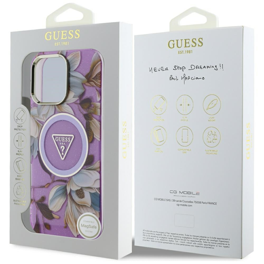 MagSafe-deksel for Apple iPhone 16 Pro Max, Guess, IML Metal Glitter Flowers Triangle, Lilla