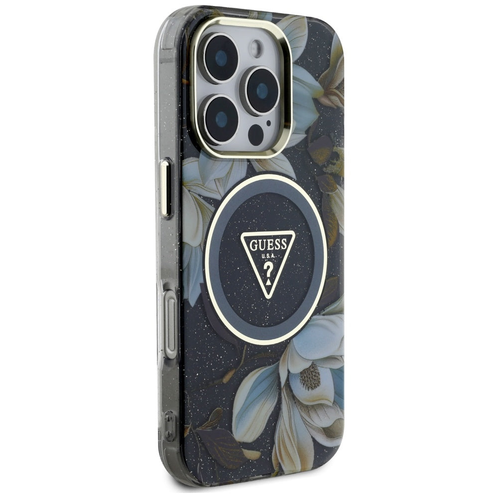 MagSafe-deksel for Apple iPhone 16 Pro Max, Guess, IML Metal Glitter Flowers Triangle, Svart