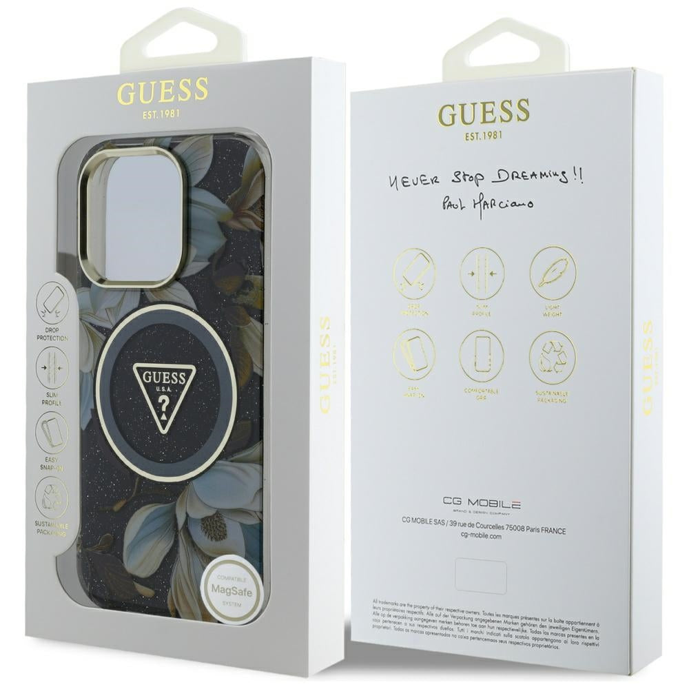 MagSafe-deksel for Apple iPhone 16 Pro Max, Guess, IML Metal Glitter Flowers Triangle, Svart