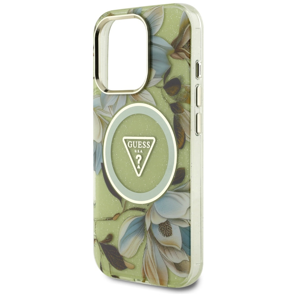 MagSafe-deksel for Apple iPhone 16 Pro Max, Guess, IML Metal Glitter Flowers Triangle, Grønn