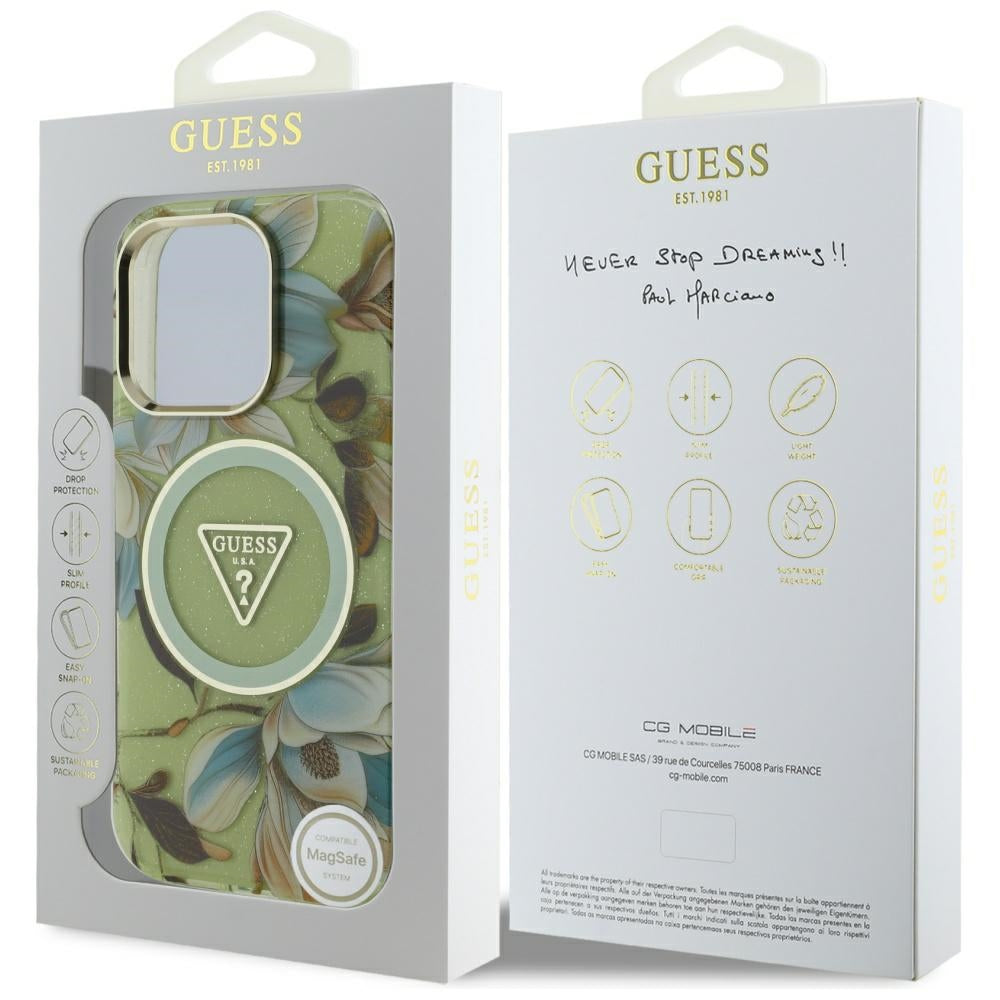 MagSafe-deksel for Apple iPhone 16 Pro Max, Guess, IML Metal Glitter Flowers Triangle, Grønn