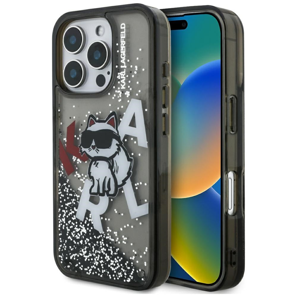 MagSafe-deksel for Apple iPhone 16 Pro Max, Karl Lagerfeld, Liquid Glitter Choupette Logo, Svart