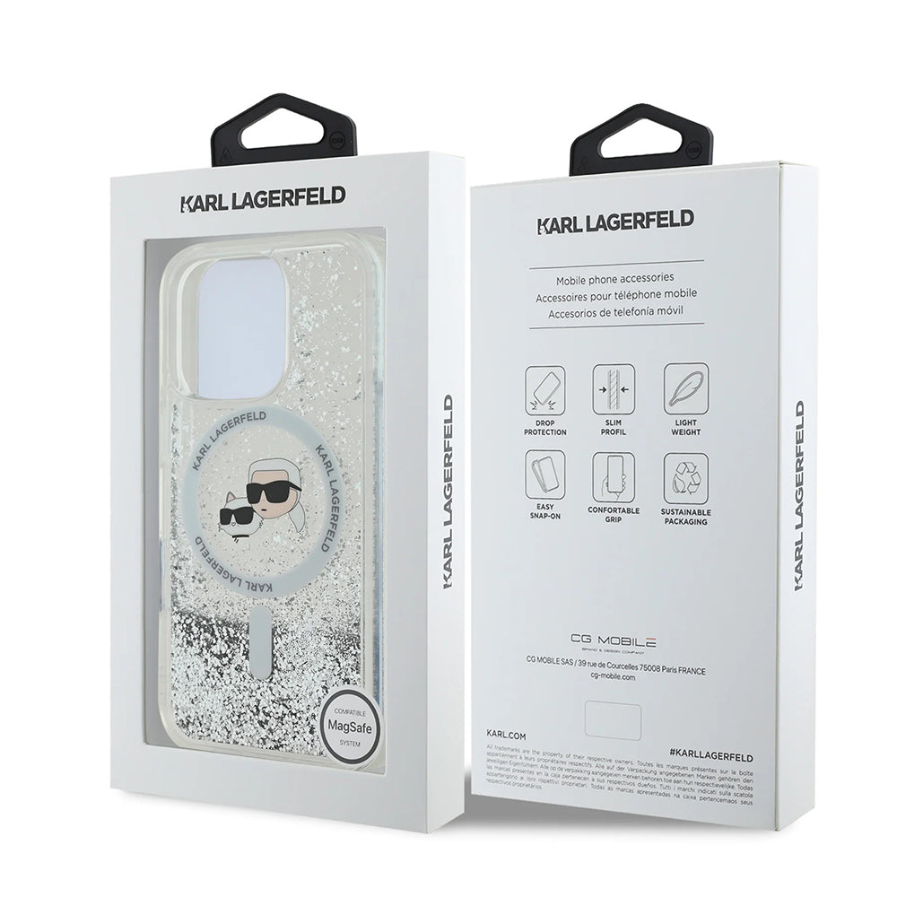 MagSafe-deksel for Apple iPhone 16 Pro Max, Karl Lagerfeld, Liquid Glitter Karl & Choupette's Heads, Gjennomsiktig