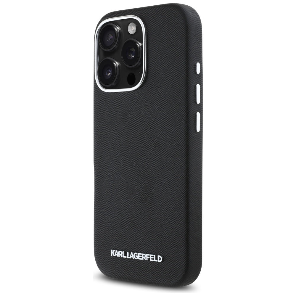 MagSafe-deksel for Apple iPhone 16 Pro Max, Karl Lagerfeld, Saffiano Full Wrapped Elongated Metal Logo, Svart