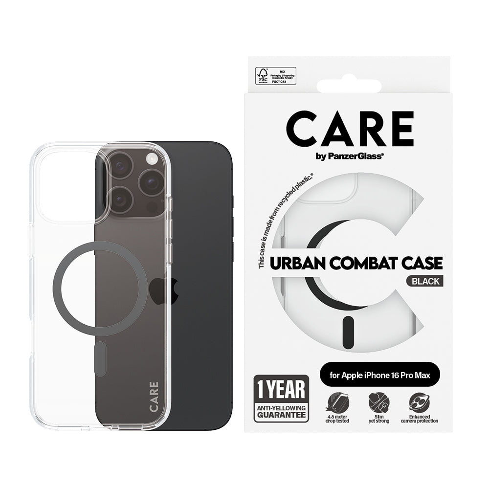 MagSafe-deksel for Apple iPhone 16 Pro, PanzerGlass, Care Urban Combat, Svart Transparent