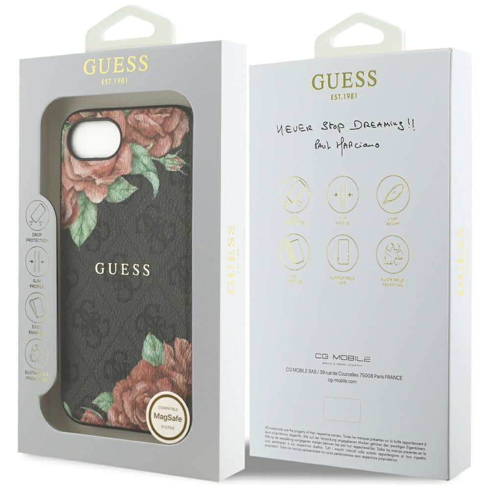 MagSafe deksel for Apple iPhone 17e / 16e, Guess, 4G Flowers Print, Svart