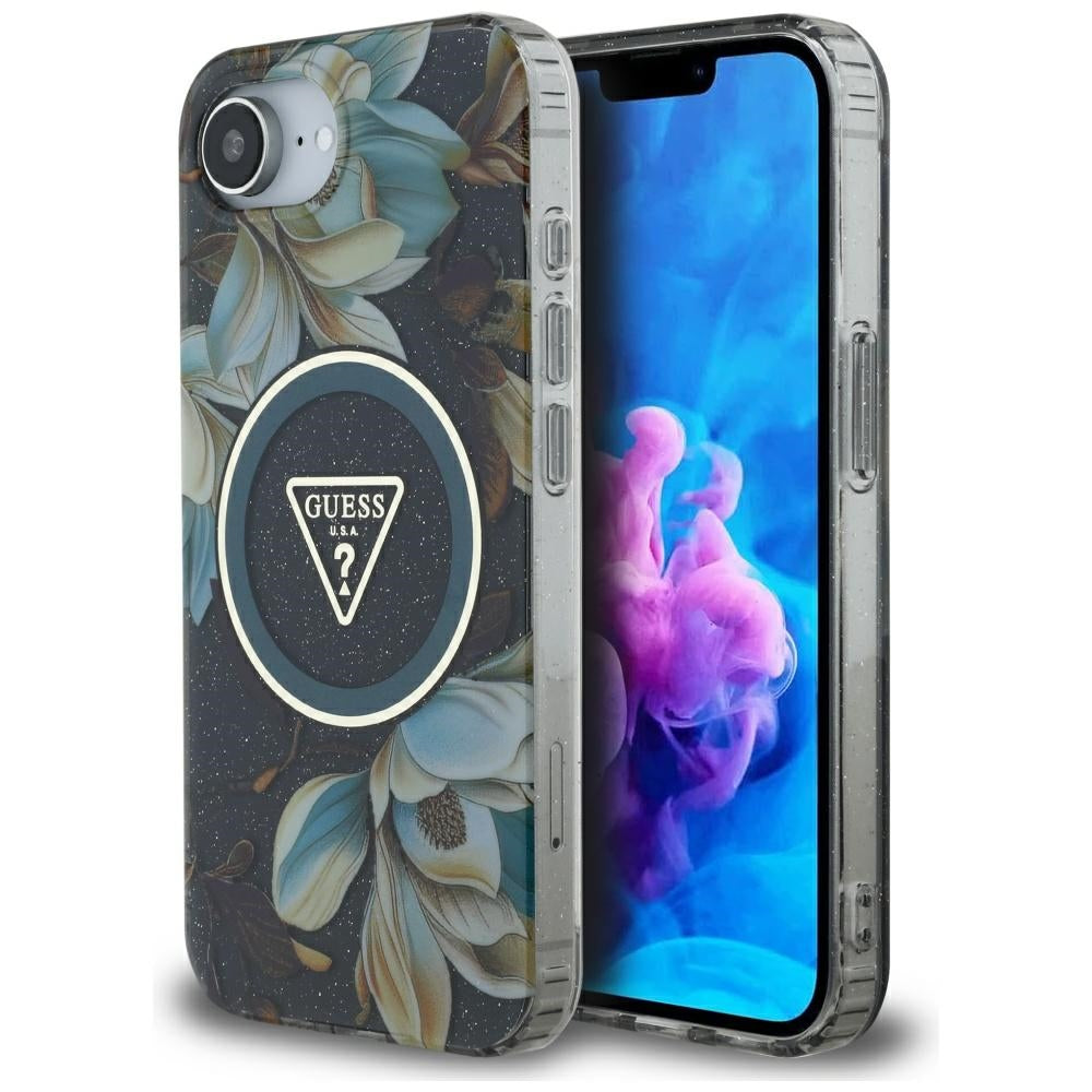 MagSafe-deksel for Apple iPhone 17e / 16e, Guess, IML Metal Glitter Flowers Triangle, Svart