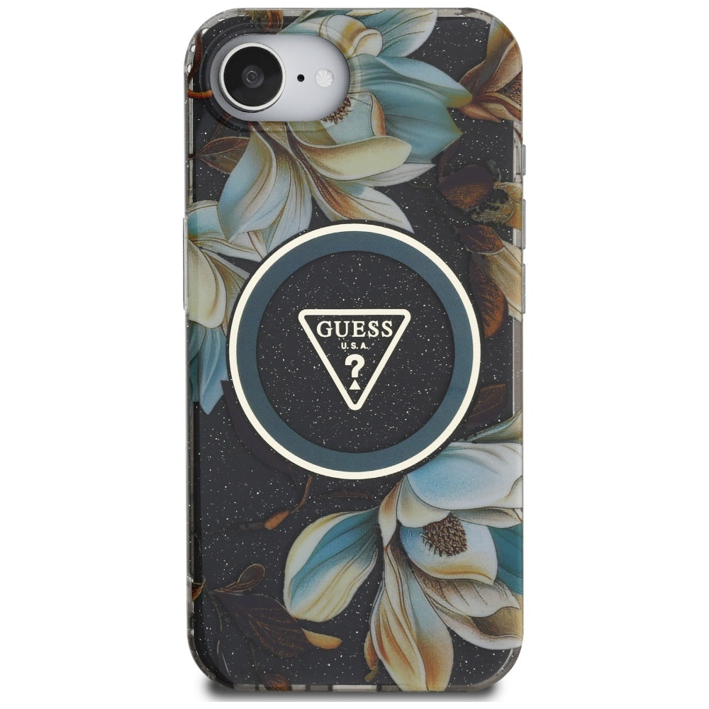 MagSafe-deksel for Apple iPhone 17e / 16e, Guess, IML Metal Glitter Flowers Triangle, Svart