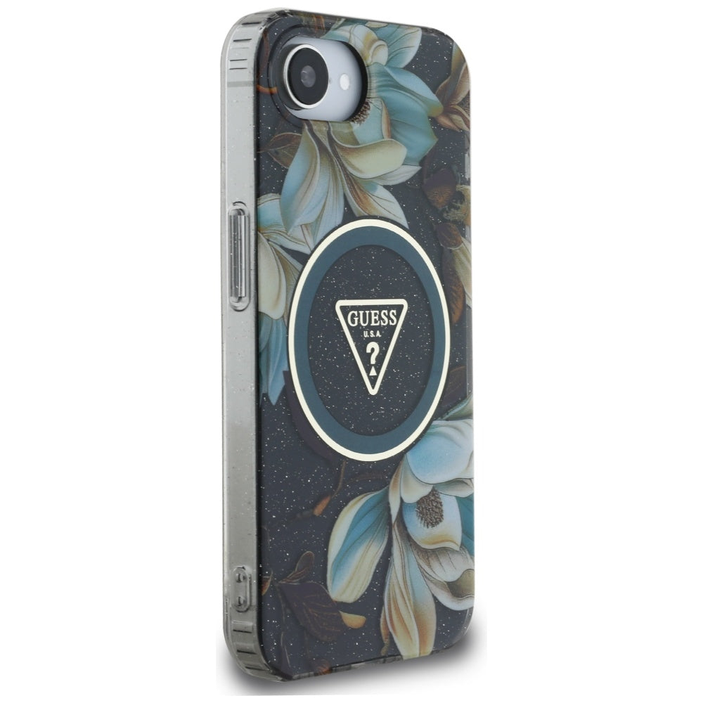MagSafe-deksel for Apple iPhone 17e / 16e, Guess, IML Metal Glitter Flowers Triangle, Svart