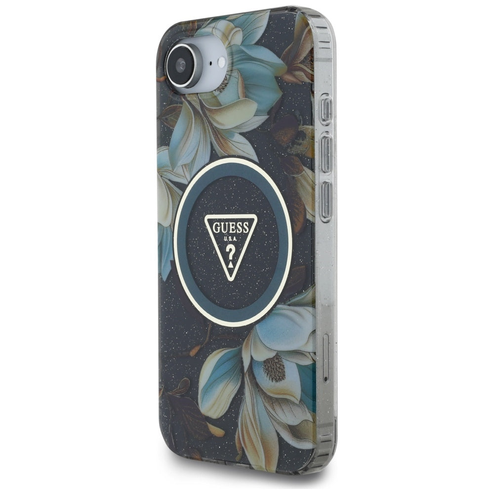 MagSafe-deksel for Apple iPhone 17e / 16e, Guess, IML Metal Glitter Flowers Triangle, Svart
