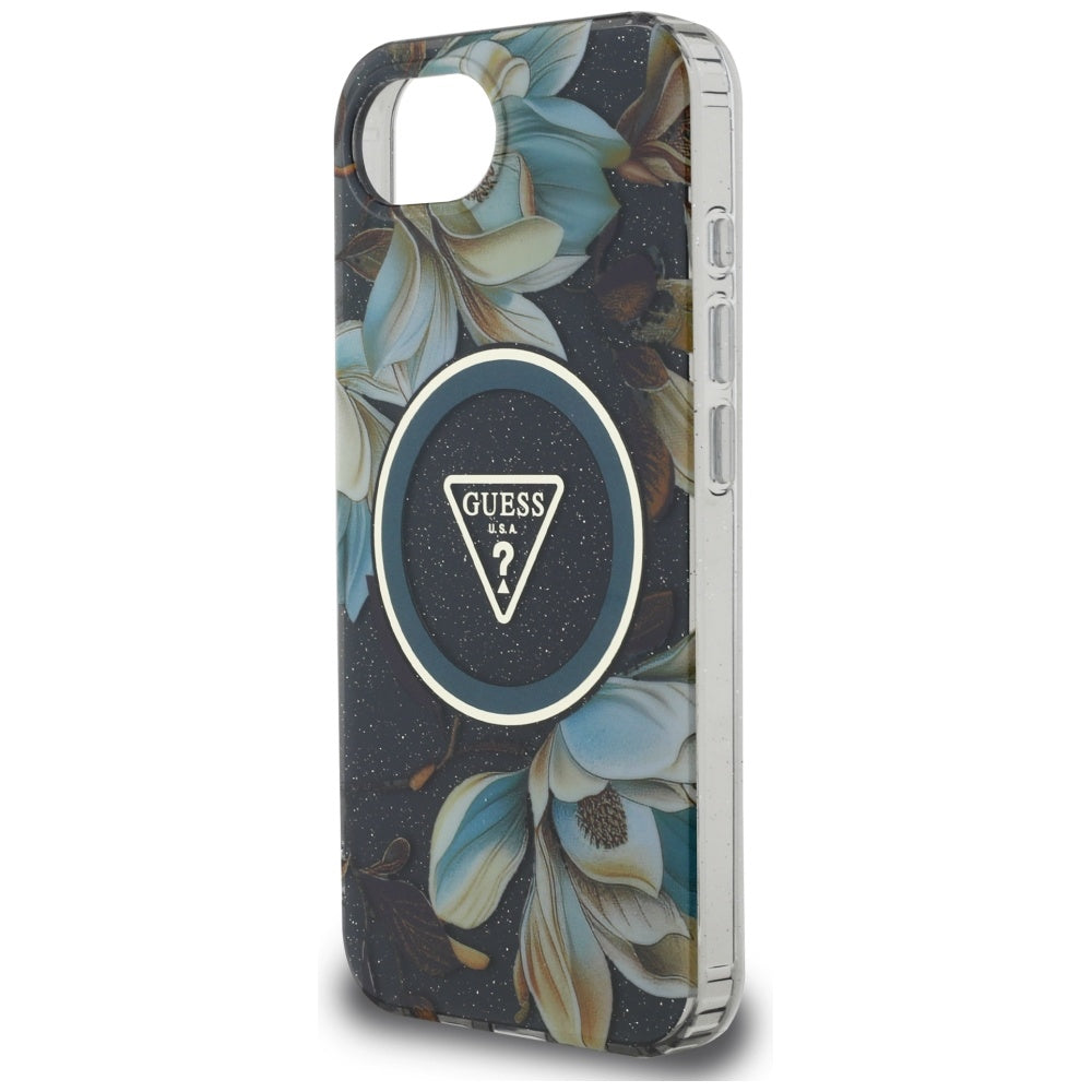 MagSafe-deksel for Apple iPhone 17e / 16e, Guess, IML Metal Glitter Flowers Triangle, Svart