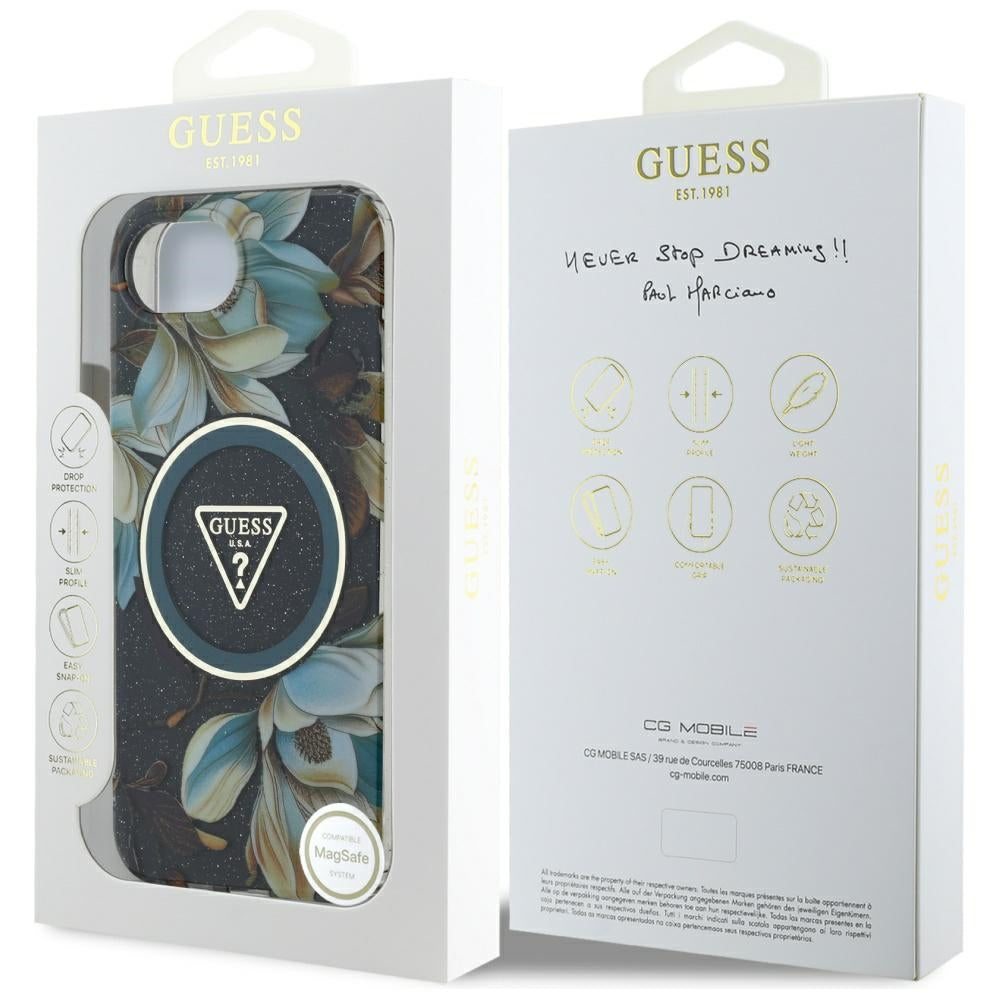 MagSafe-deksel for Apple iPhone 17e / 16e, Guess, IML Metal Glitter Flowers Triangle, Svart