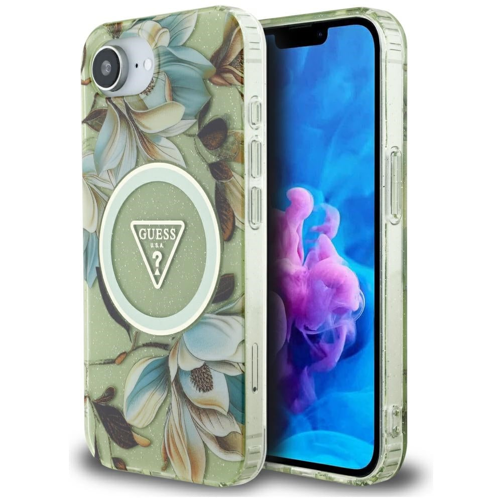MagSafe-deksel for Apple iPhone 17e / 16e, Guess, IML Metal Glitter Flowers Triangle, Grønn