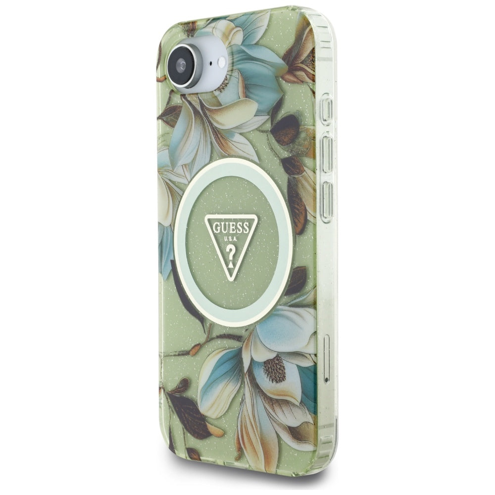 MagSafe-deksel for Apple iPhone 17e / 16e, Guess, IML Metal Glitter Flowers Triangle, Grønn