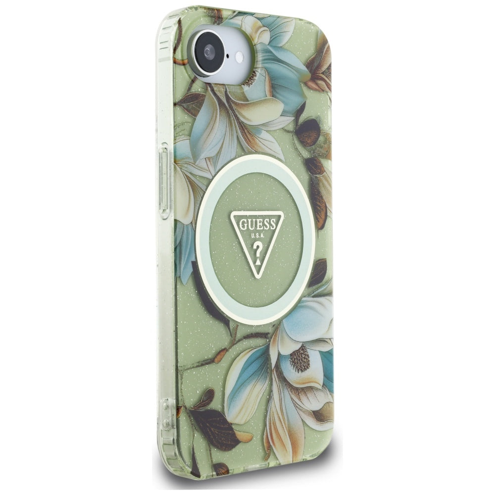 MagSafe-deksel for Apple iPhone 17e / 16e, Guess, IML Metal Glitter Flowers Triangle, Grønn