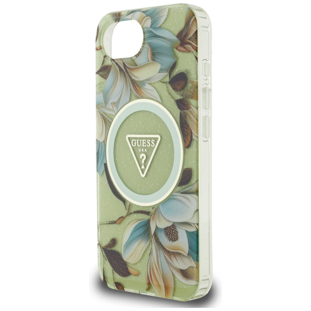 MagSafe-deksel for Apple iPhone 17e / 16e, Guess, IML Metal Glitter Flowers Triangle, Grønn
