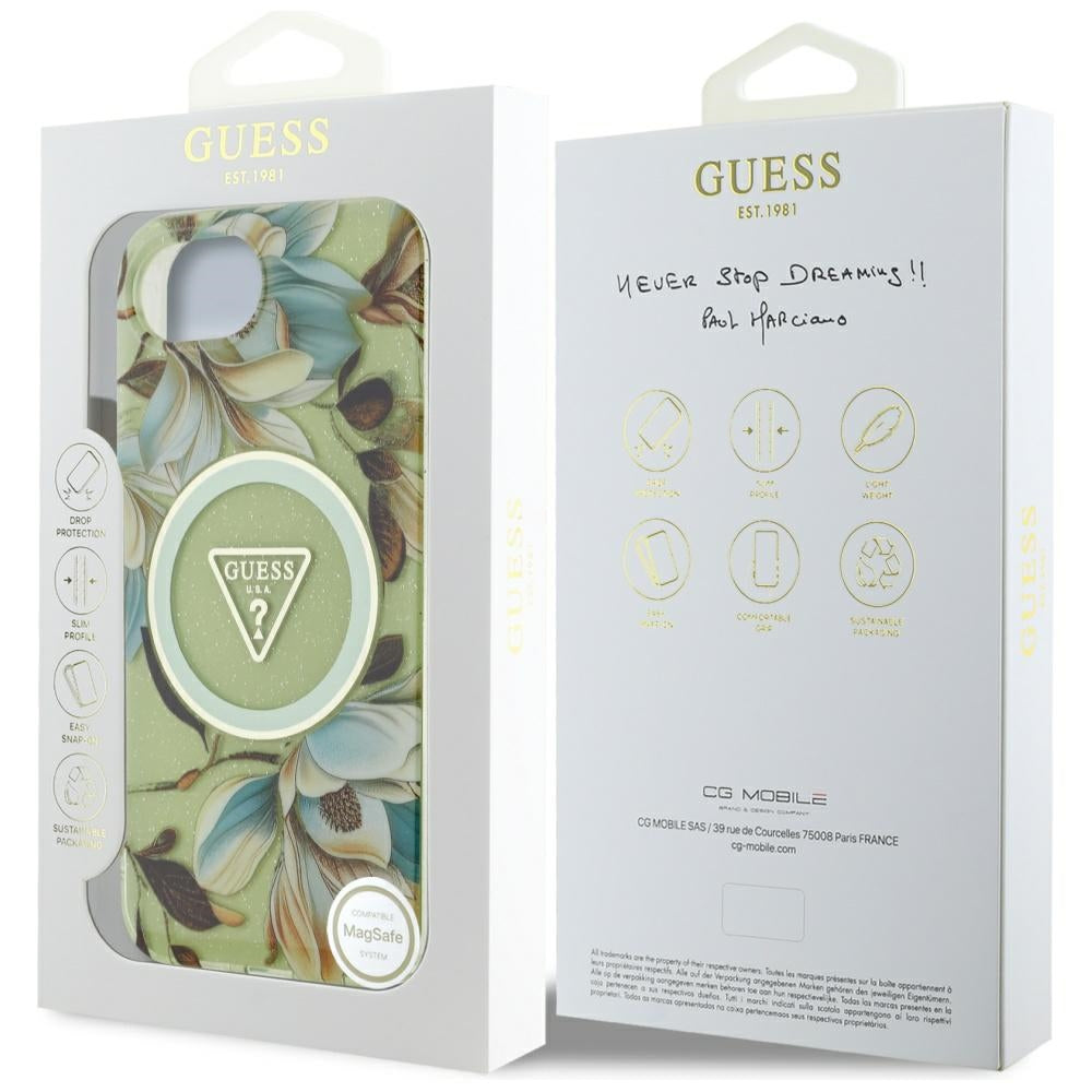 MagSafe-deksel for Apple iPhone 17e / 16e, Guess, IML Metal Glitter Flowers Triangle, Grønn
