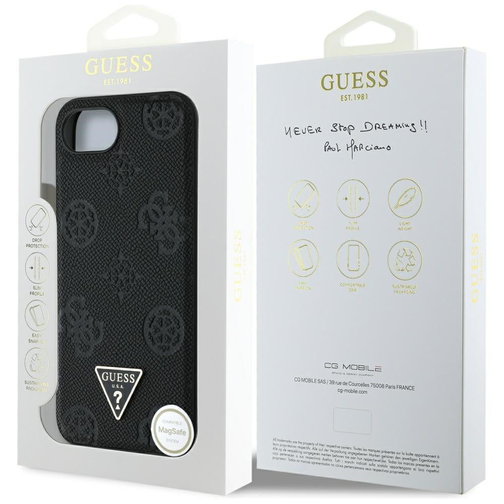 MagSafe-deksel for Apple iPhone 17e / 16e, Guess, Peony Grained Hot Stamp Triangle, Svart