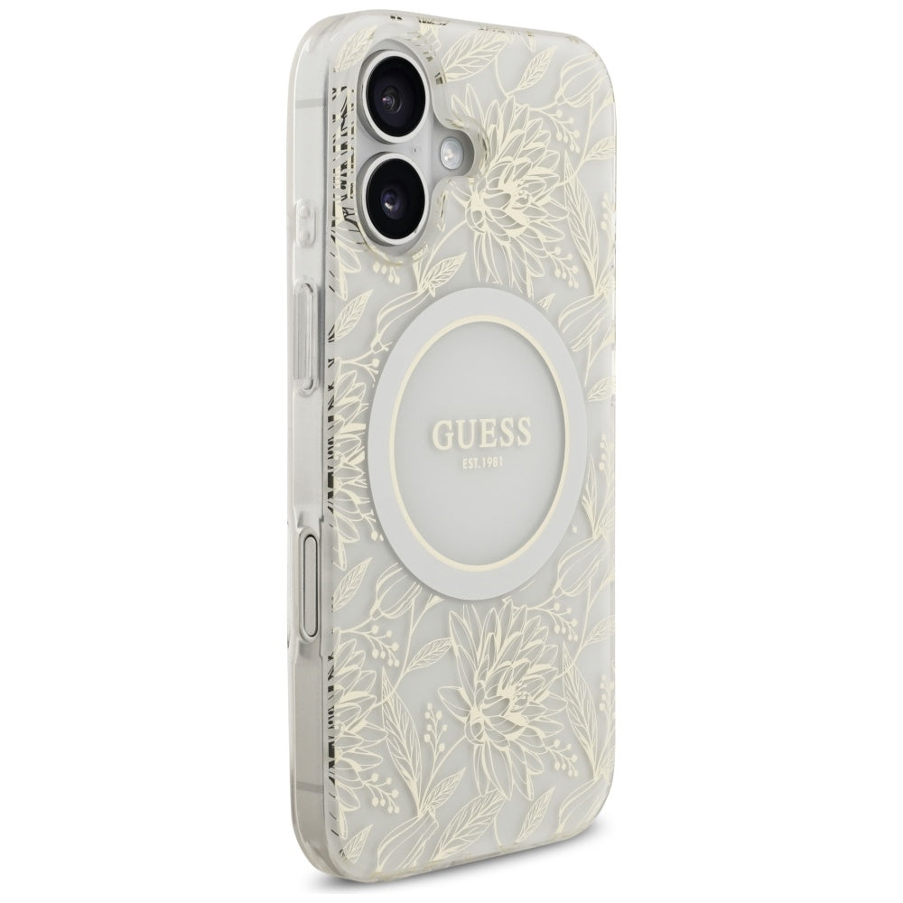 MagSafe-deksel for Apple iPhone 17, Guess, IML Flowers with Pearl Strap, Hvit